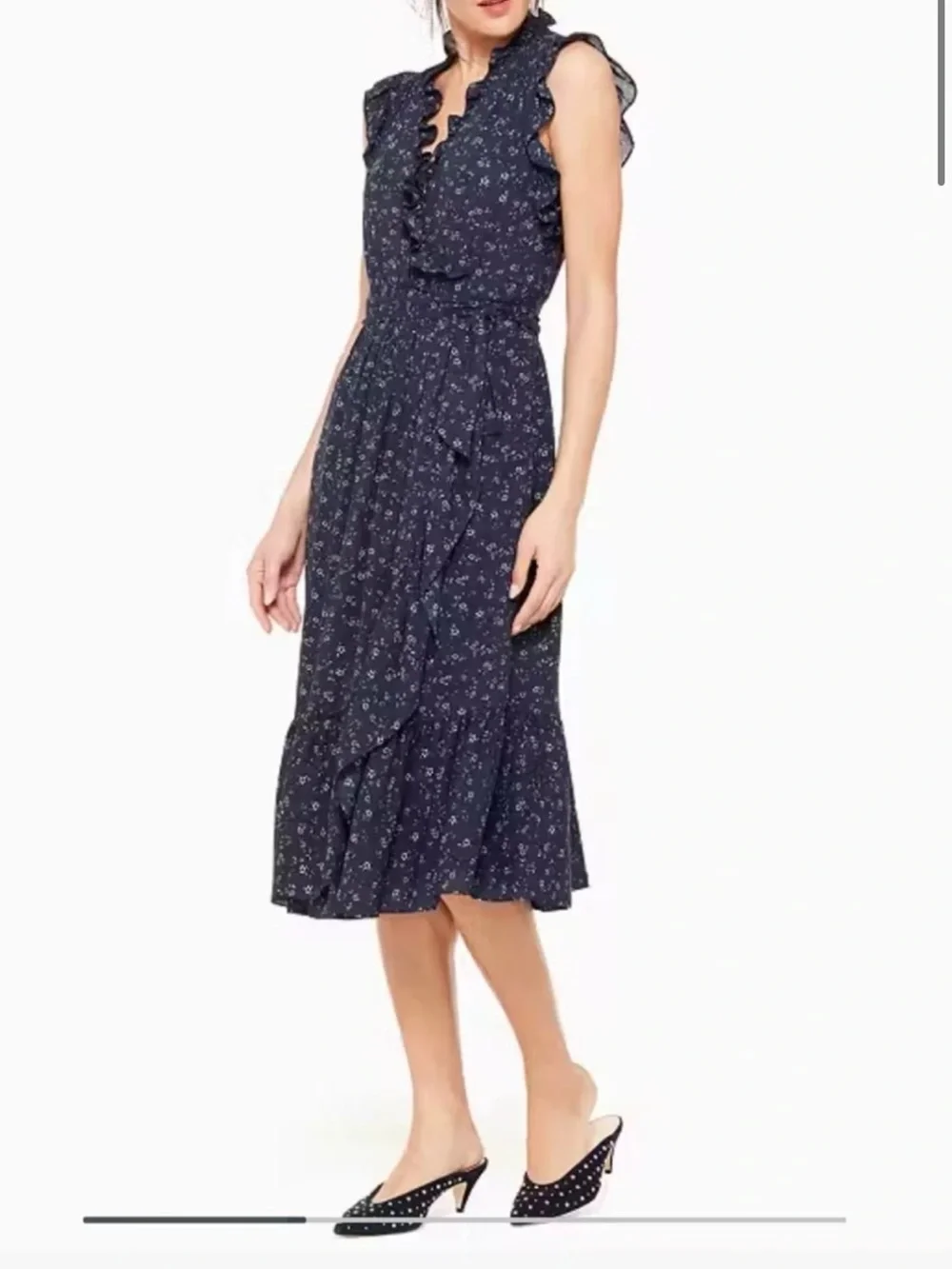 kate spade navy floral ruffled V-neck blouse